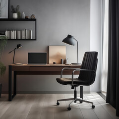 Modern Professional Workspace with Elegant Black Office Chair and Wooden Desk
