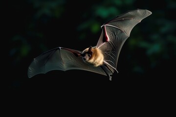 A single bat in flight in a dark, natural environment at dusk.