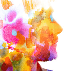 A colorful paintography male profile silhouette in double exposure