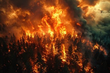 A raging wildfire engulfs the peaceful forest, filling the air with thick smoke and scorching heat, a destructive force of nature that leaves a trail of destruction in its wake