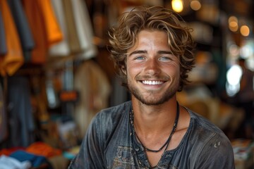 Fototapeta premium A stylish man exudes confidence as he flashes a charming smile at the camera, his neatly groomed hair and fashionable clothing reflecting his inner joy on the busy city street