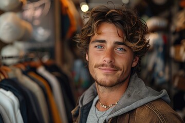 A handsome man with striking blue eyes and curly hair stands confidently in the midst of a bustling store, his stylish clothing catching the attention of those around him - obrazy, fototapety, plakaty