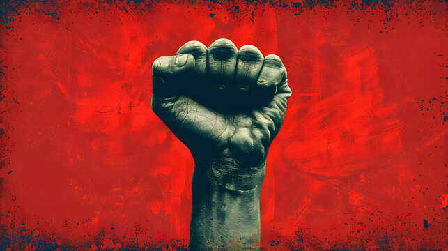 print with painted fist on a red background