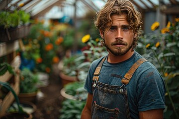 A rugged man tends to his vibrant greenhouse, nurturing his beloved plants amidst the tranquil outdoor scenery - obrazy, fototapety, plakaty