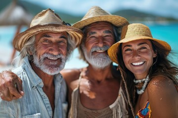 A diverse group of individuals happily standing together, showcasing their unique fashion choices, including sun hats, cowboy hats, sombreros, fedoras, and headgear, with smiles on their faces, again - obrazy, fototapety, plakaty