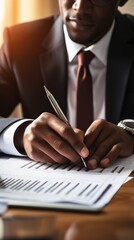 Black businessman in suit and tie signing a contract