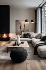 A modern living room with a Nordic touch, highlighting a mix of light and dark elements to create a balanced and inviting ambiance.