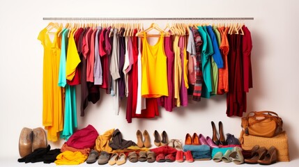 A colorful array of clothes and shoes on a rack.