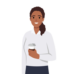 Business woman holding cup of cofee. Beautiful businesswoman in formal clothes standing straight. Cute cartoon character
