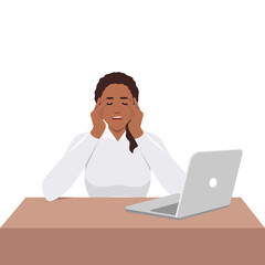 Stress, burnout, overwork concept. Young stressed businesswoman cartoon character witting touching head working on laptop feeling worried, tired and overwhelmed