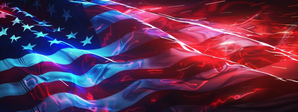 3D rendered US flag composed of vibrant neon lights, embodying a futuristic and striking visual aesthetic. Concept of patriotism, innovation, and modern design.