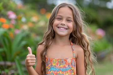 Portrait of a smiling girl with long brown hair giving a thumbs up