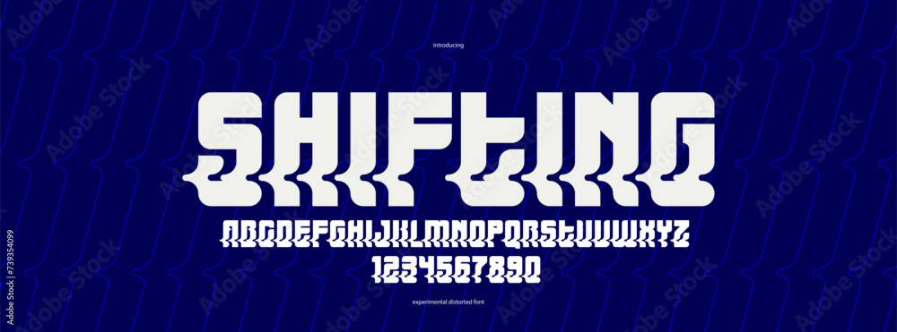 Poster bended and deformed display font for logos and posters, vector distorted and twisted typeface for he