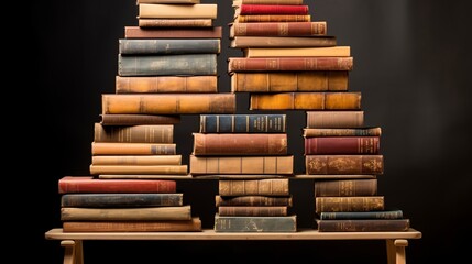 A large stack of old books arranged on a wooden table against a dark background