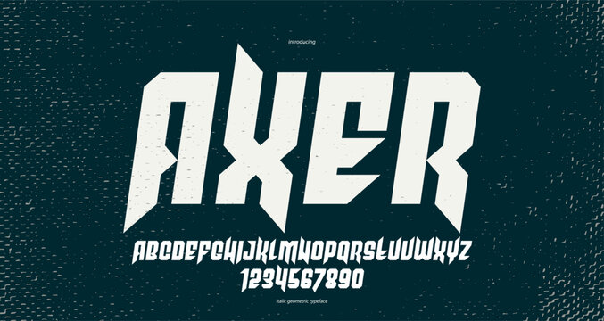 Sharp and bold gothic font for logo creation of for headlines, edgy geometric modern vector typeface, heavy metal and hard rock style alphabet with numbers, italic version.