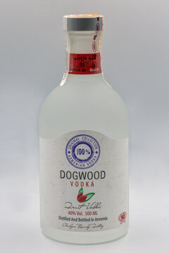 Studio shoot of Armenian Dogwood vodka bottle closeup,