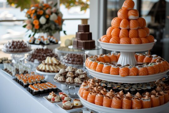 A delectable array of sushi and other treats displayed on a tiered serving platter.