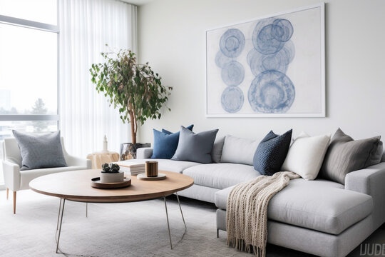 A modern living room with a Scandinavian color palette of whites, grays, and blues, accented with pops of geometric patterns and natural textures for visual interest.