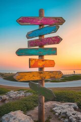 Wooden signpost with multiple blank colorful arrows pointing in different directions against a scenic sunset sky and road