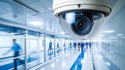 A surveillance camera is monitoring a busy hallway