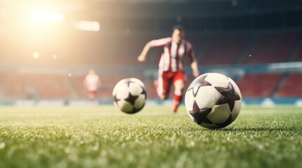 Two soccer players running after a ball during a soccer match - obrazy, fototapety, plakaty