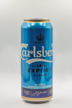Carlsberg Export Pilsner beer can closeup on white.