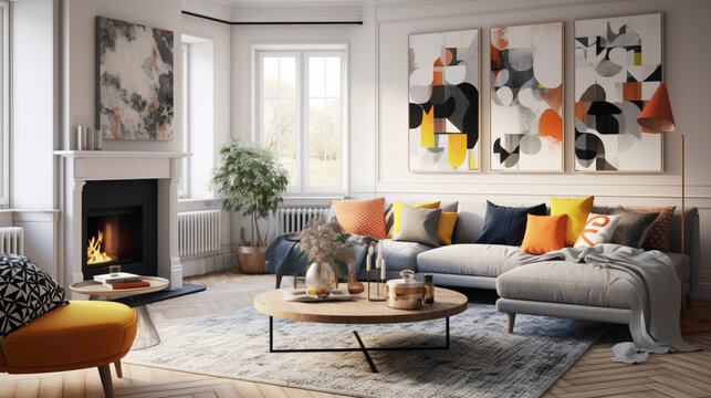 A modern living room with a Scandinavian twist, incorporating bold patterns and textures for a playful yet sophisticated atmosphere