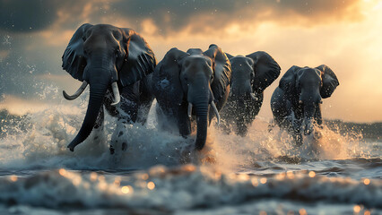 A herd of wild elephants walking in the water