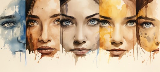 Collage of women's faces with beautiful eyes watercolor illustration paint. 8 March International Women's day holiday. Mother's day. Diverse women's eyes.