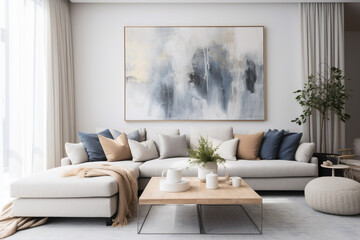 A modern living room with a Scandinavian color palette of whites, grays, and blues, accented with pops of geometric patterns and natural textures for visual interest.