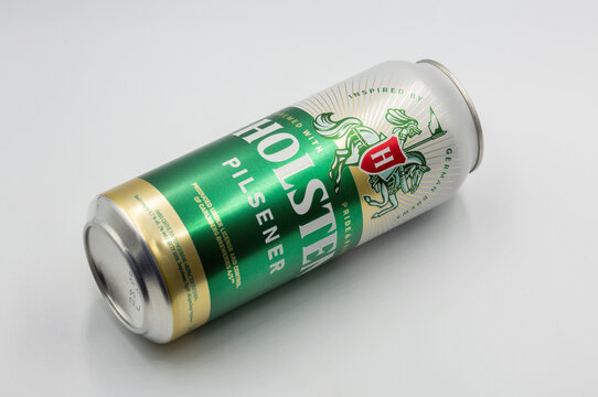 Holsten beer can closeup against white.
