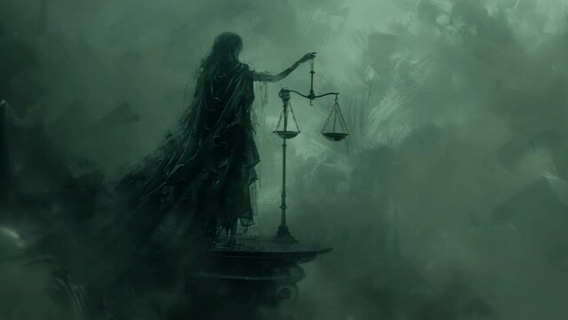 Mysterious person silhouette in black outfit standing with scales of justice. Death weighs good and bad deeds on scales. Justice after life concept. People life verdict. Everyone get what they deserve