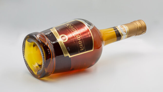 Jubilee brandy bottle by Odesa brandy plant closeup.