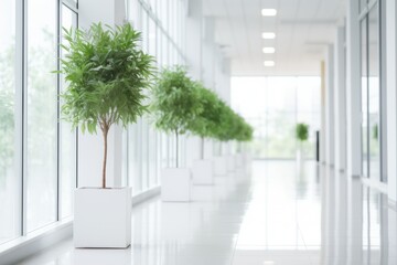 Fototapeta premium Office plants in a long bright hallway