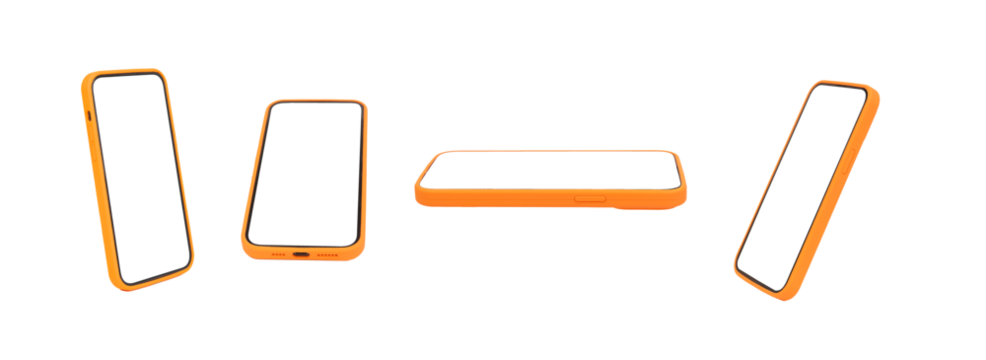 Mobile phone screen mockups, smartphone in cases from angle views set, isolated on white, transparent png