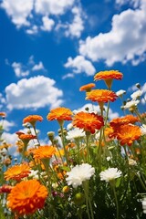 Obraz premium Orange and white daisies under blue sky