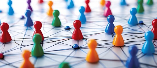 Vibrant network of diverse colorful pins creating a connectivity concept on a white surface