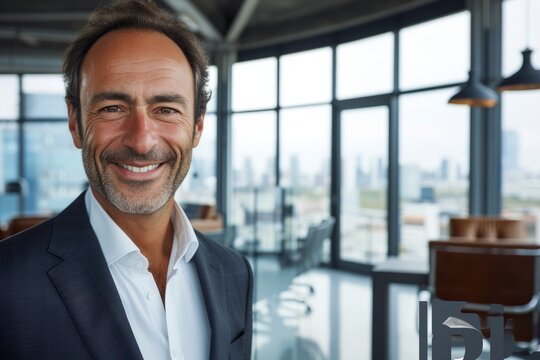 Portrait of a middle-aged man in a suit smiling in an office environment