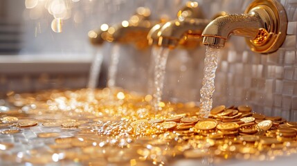 Golden faucet with water flowing out There were gold coins all over the floor. on a white background - obrazy, fototapety, plakaty