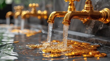 Golden faucet with water flowing out There were gold coins all over the floor. on a white background - obrazy, fototapety, plakaty