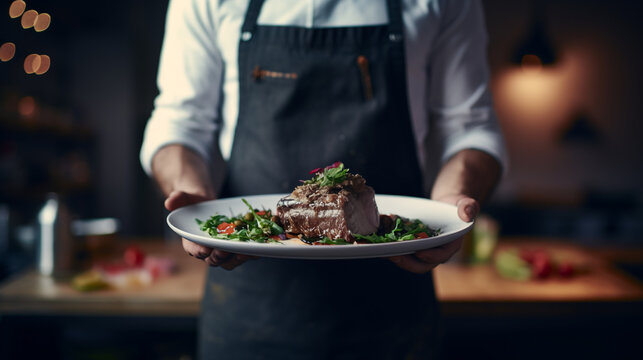 A chef server with apron holding a fine dining beef salad dish on the kitchen restaurant