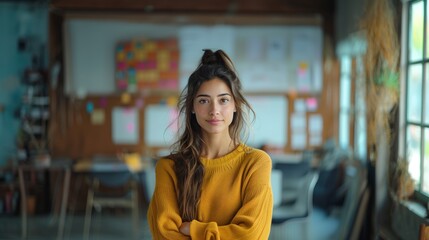 Female speaker presents business project on whiteboard