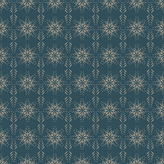Hand-drawn seamless blue and beige pattern. Floral symmetrical ornament, classic fabric texture. Vector background for printing on fabric, gift wrapping, covers, wallpapers.