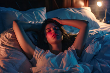 Night sweats in menopause. A young woman suffering from fever in bed  - obrazy, fototapety, plakaty