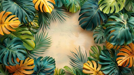Tropical leaves, bright colors, space for text or label. white background, - obrazy, fototapety, plakaty