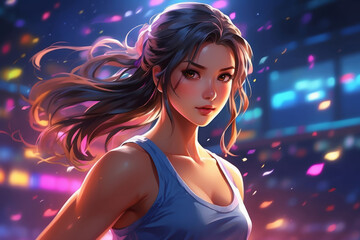 beautiful smiling woman cosplay anime style boxing. Portrait of beautiful woman working out at gym, running on treadmill and doing fitness exercises. healthy concept