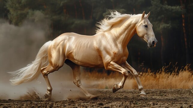 Golden Horse Akhal-Teke was running to the side. It has a long mane and tail. With shiny fur, the horse was running out of the forest and through a field of dirt. dust and floating stones