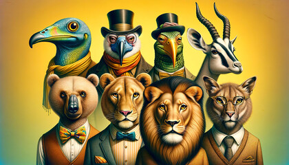 A group of anthropomorphized animals in formal attire, including a bird, a bear, a lion, a caracal, and an antelope, against a gradient yellow background.Animals portraits concept.AI generat