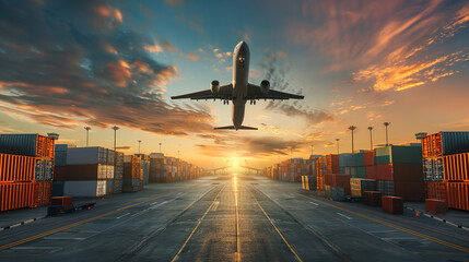 An airplane flies low over a runway lined with cargo containers at sunrise, showcasing the hustle...