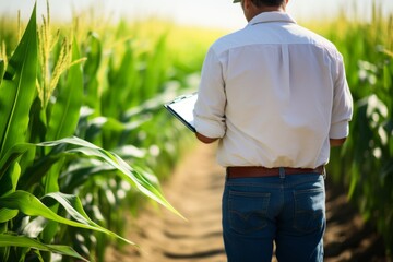 Here a farmer in casual attire is seen inspecting a cornfield with a clipboard, reflecting agriculture management and sustainable farming.